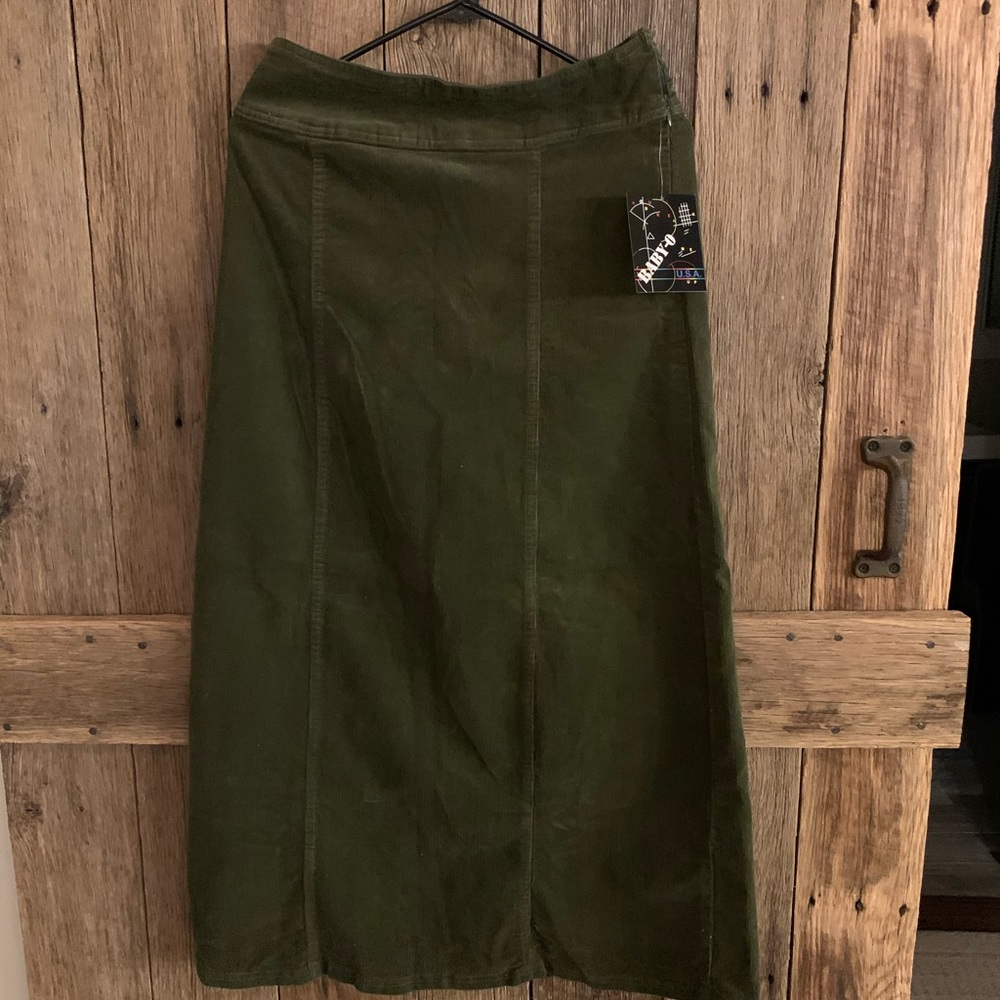 Women’s corduroy olive green maxi skirt.